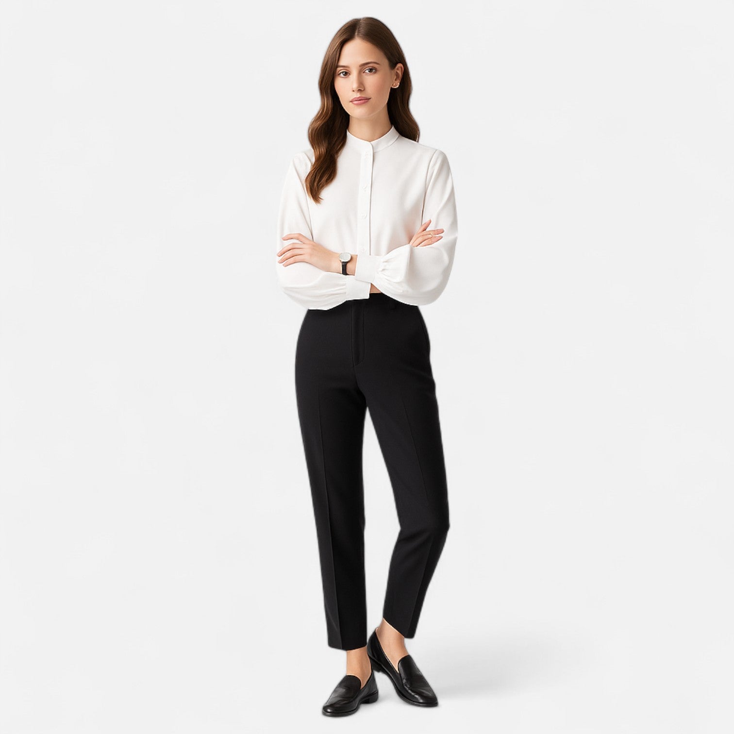 Maison Dresson | Women’s Satin Blouse – Stand Collar, Long Lantern Sleeves, Relaxed Elegance
