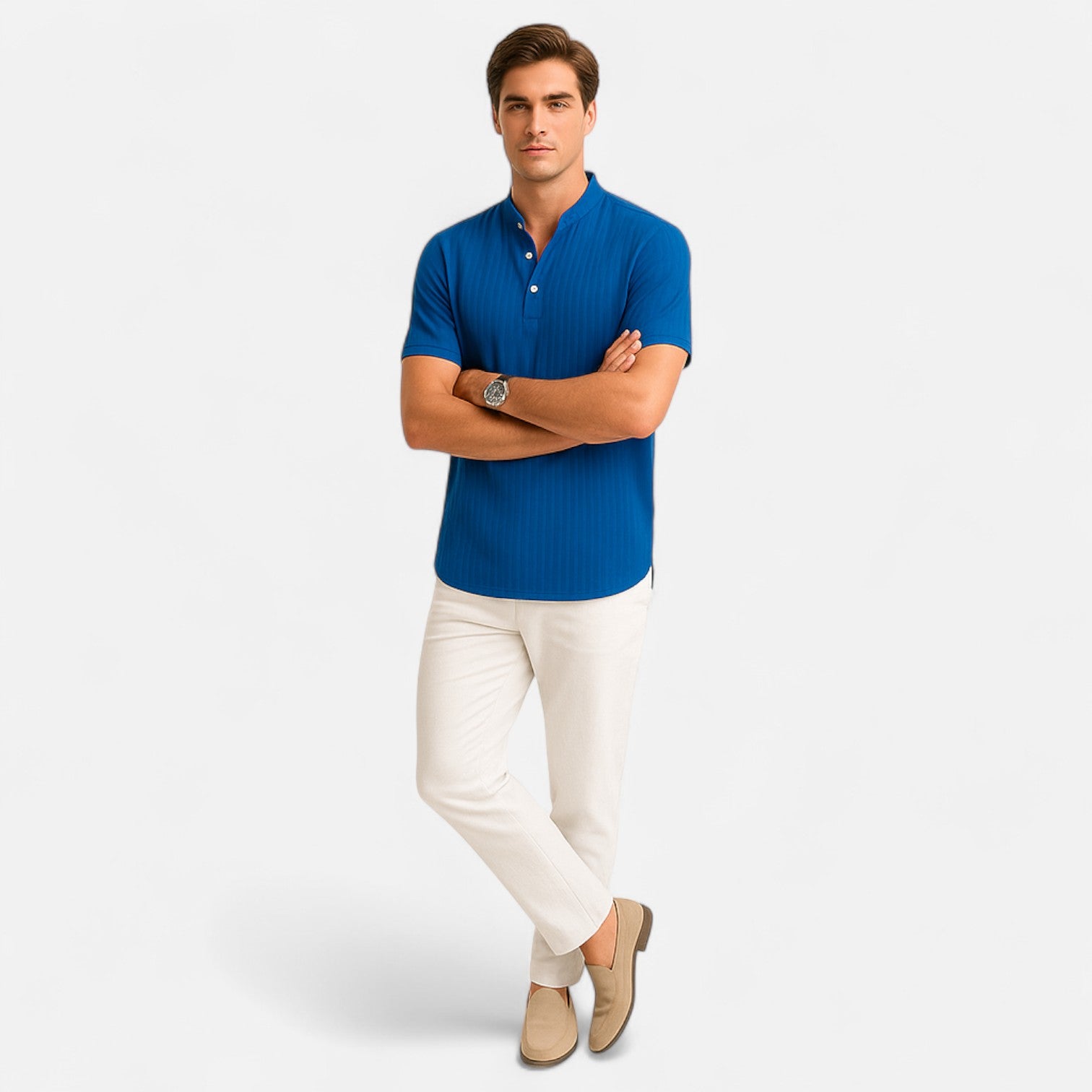 Maison Dresson | Men’s Cotton–Linen Striped Jacquard Short Sleeve Shirt – Textural Stripes, Casual Elegance