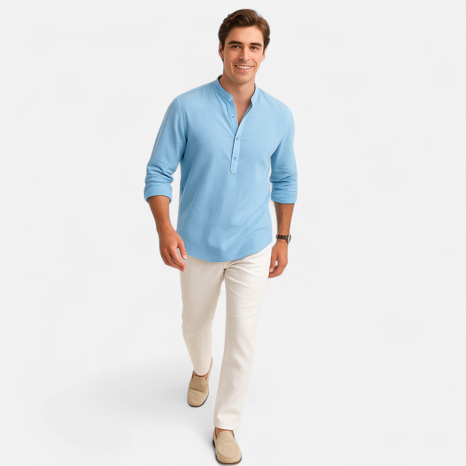Maison Dresson | Men’s Cotton–Linen Long Sleeve Henley – Lightweight Comfort, Relaxed Sophistication