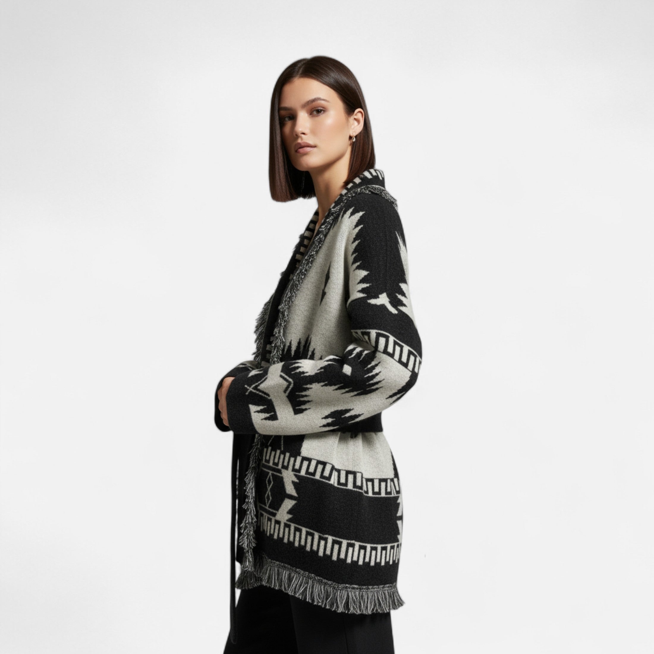 Maison Dresson | Women’s 100% Cashmere Tassel Cardigan – Vintage Jacquard Elegance