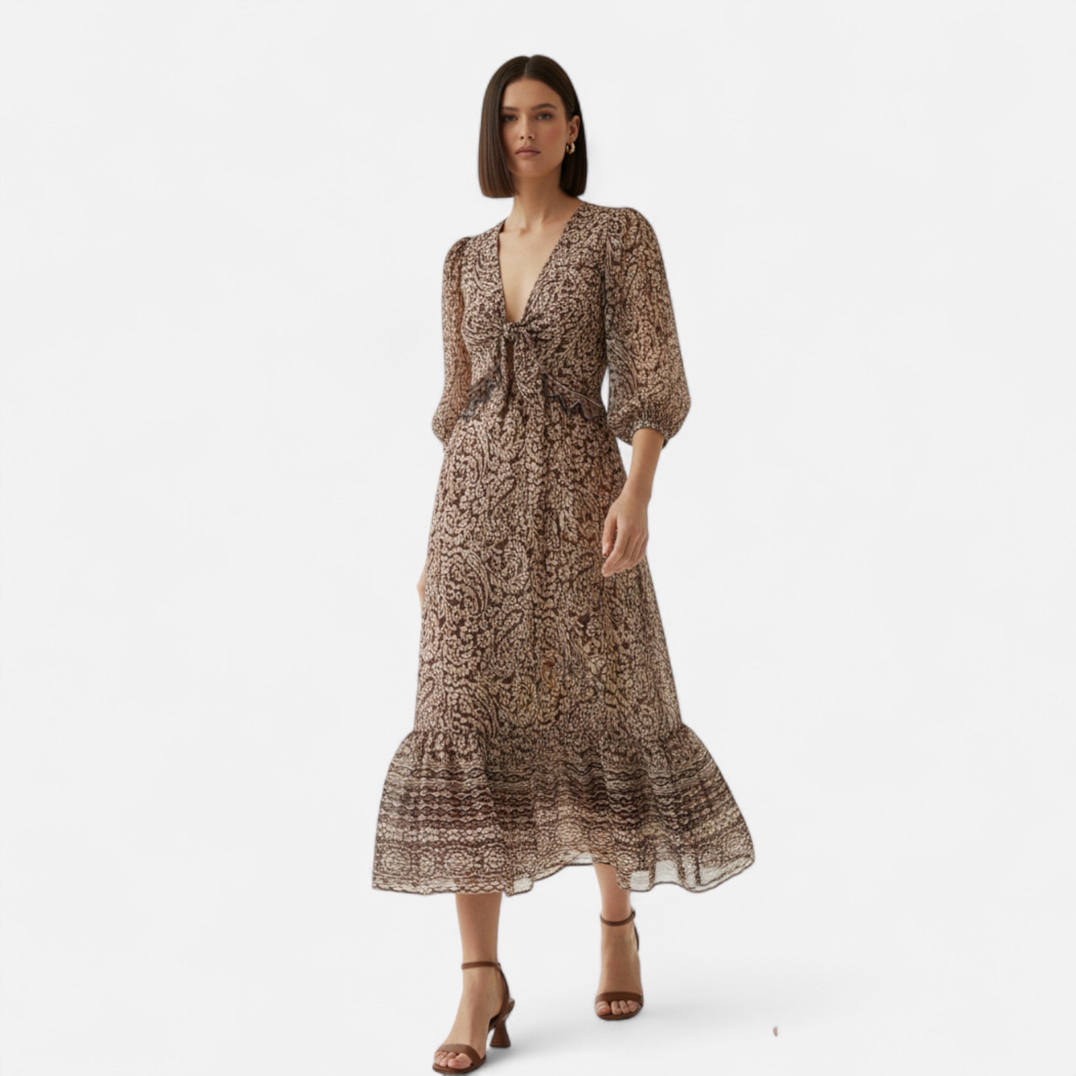 Maison Dresson | Women’s Printed Midi Dress – V-Neck Autumn Elegance