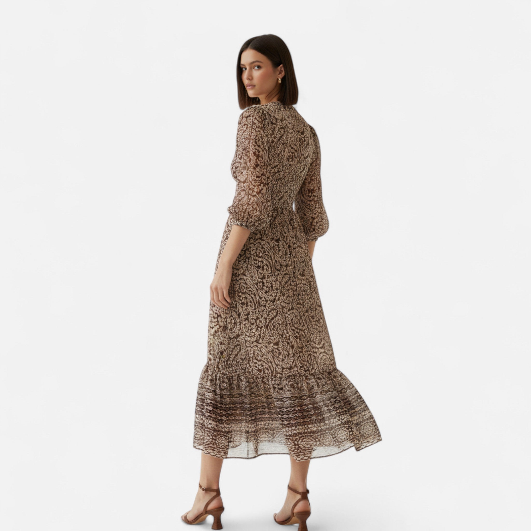 Maison Dresson | Women’s Printed Midi Dress – V-Neck Autumn Elegance