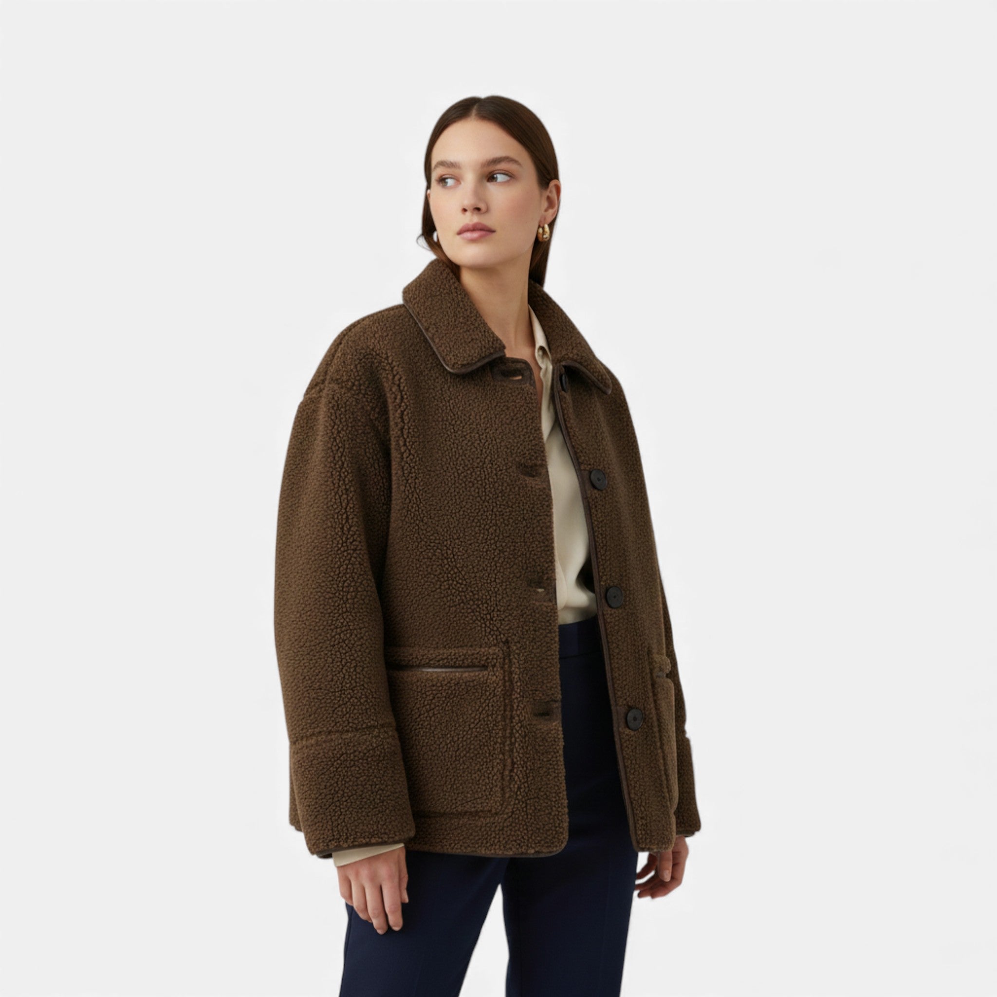 Maison Dresson | Women’s Reversible Brown Teddy Jacket with Turn-Down Collar