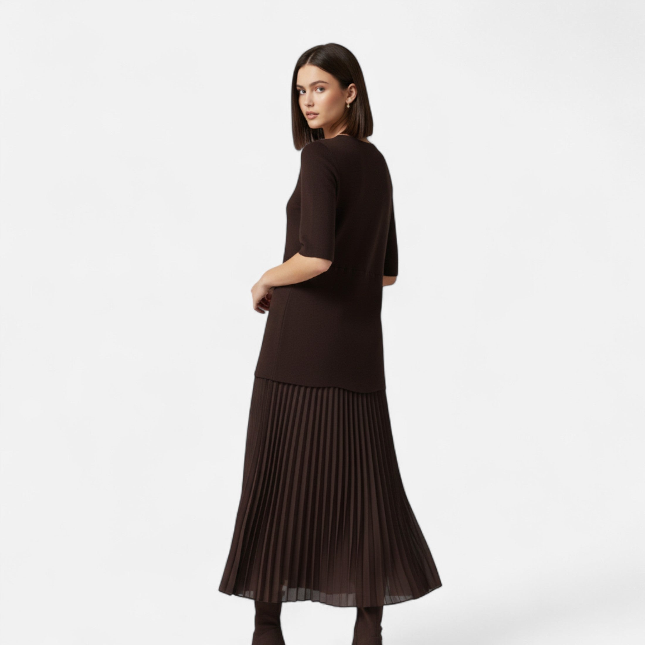 Maison Dresson | Women’s Vintage Pleated Dress – Half Sleeve Autumn Elegance