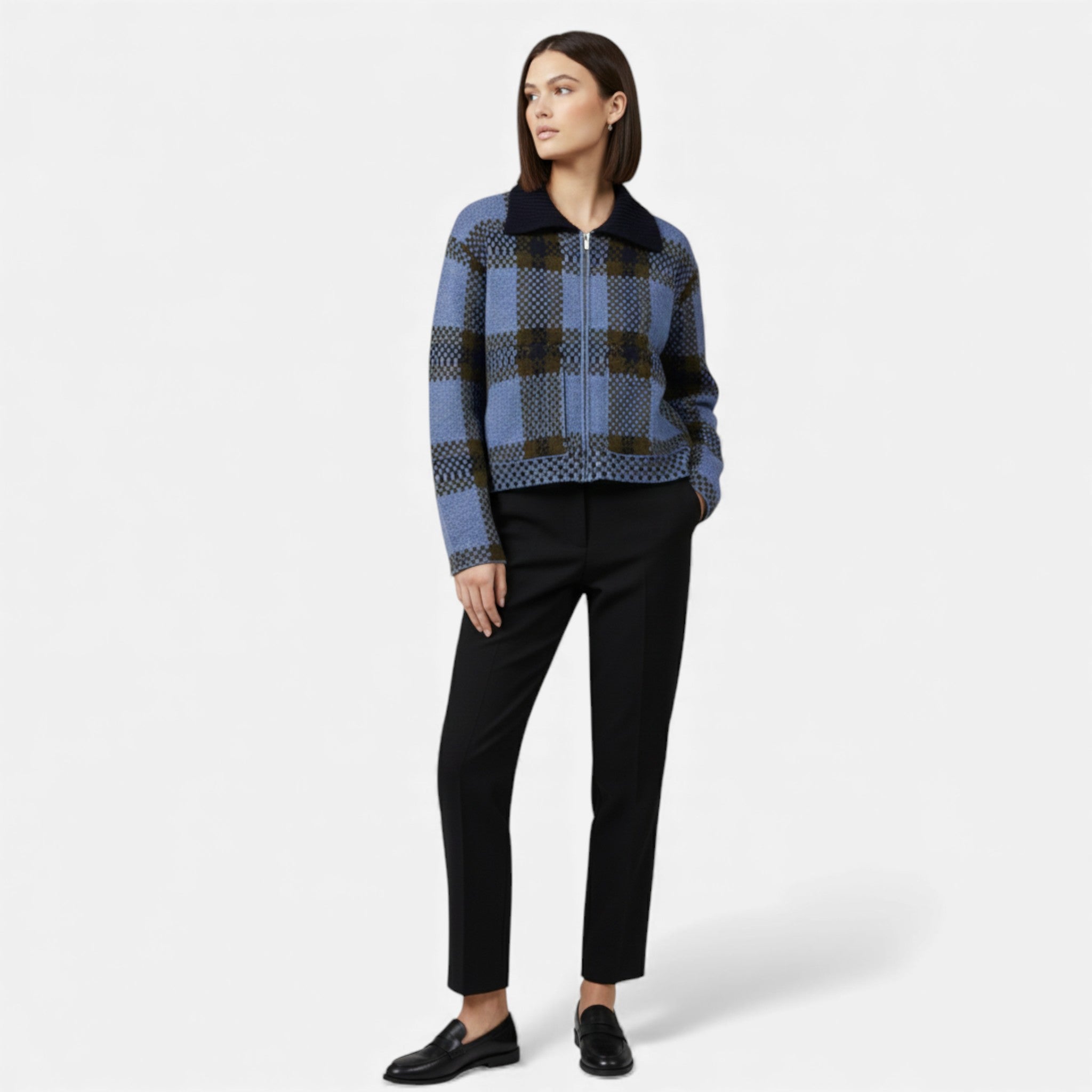 Maison Dresson | Women’s Plaid Knitted Zipper Jacket with Turn-Down Collar