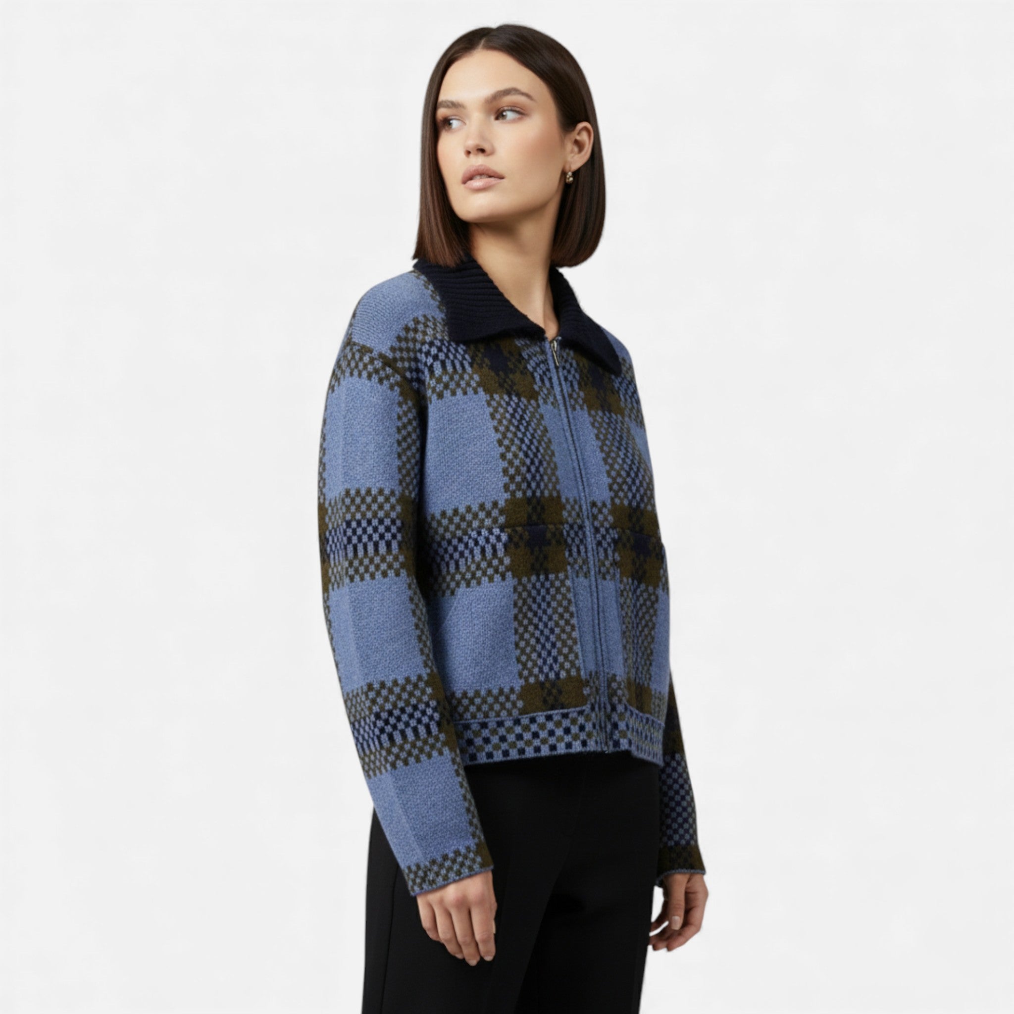 Maison Dresson | Women’s Plaid Knitted Zipper Jacket with Turn-Down Collar