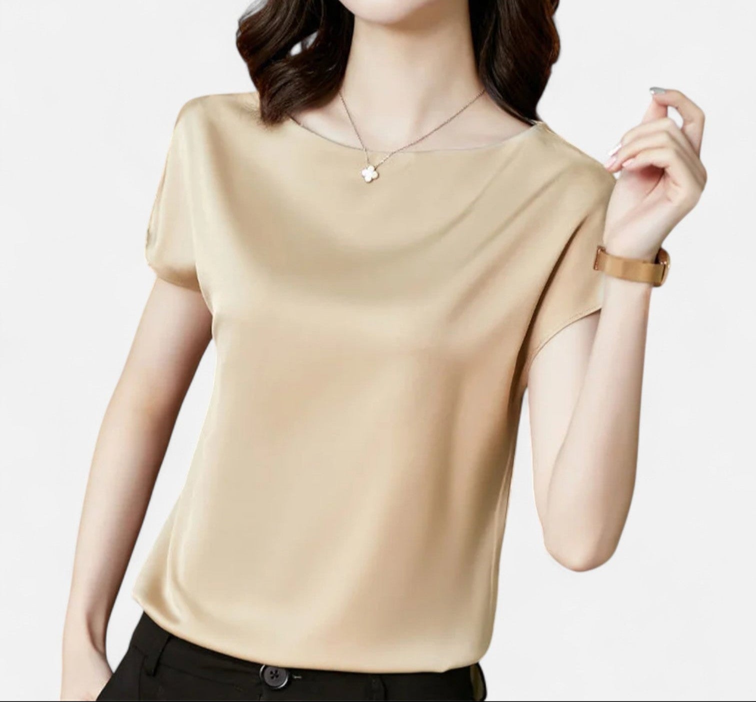 Maison Dresson | Women’s Satin Short Sleeve Blouse – O-Neck Silhouette, Fluid Elegance