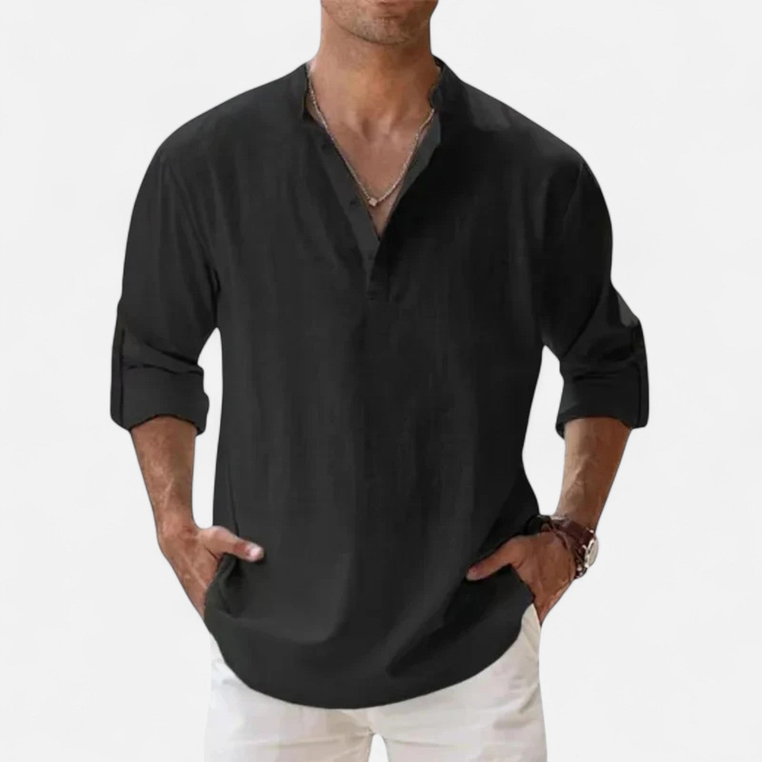 Maison Dresson | Men’s Cotton–Linen Long Sleeve Henley – Lightweight Comfort, Relaxed Sophistication
