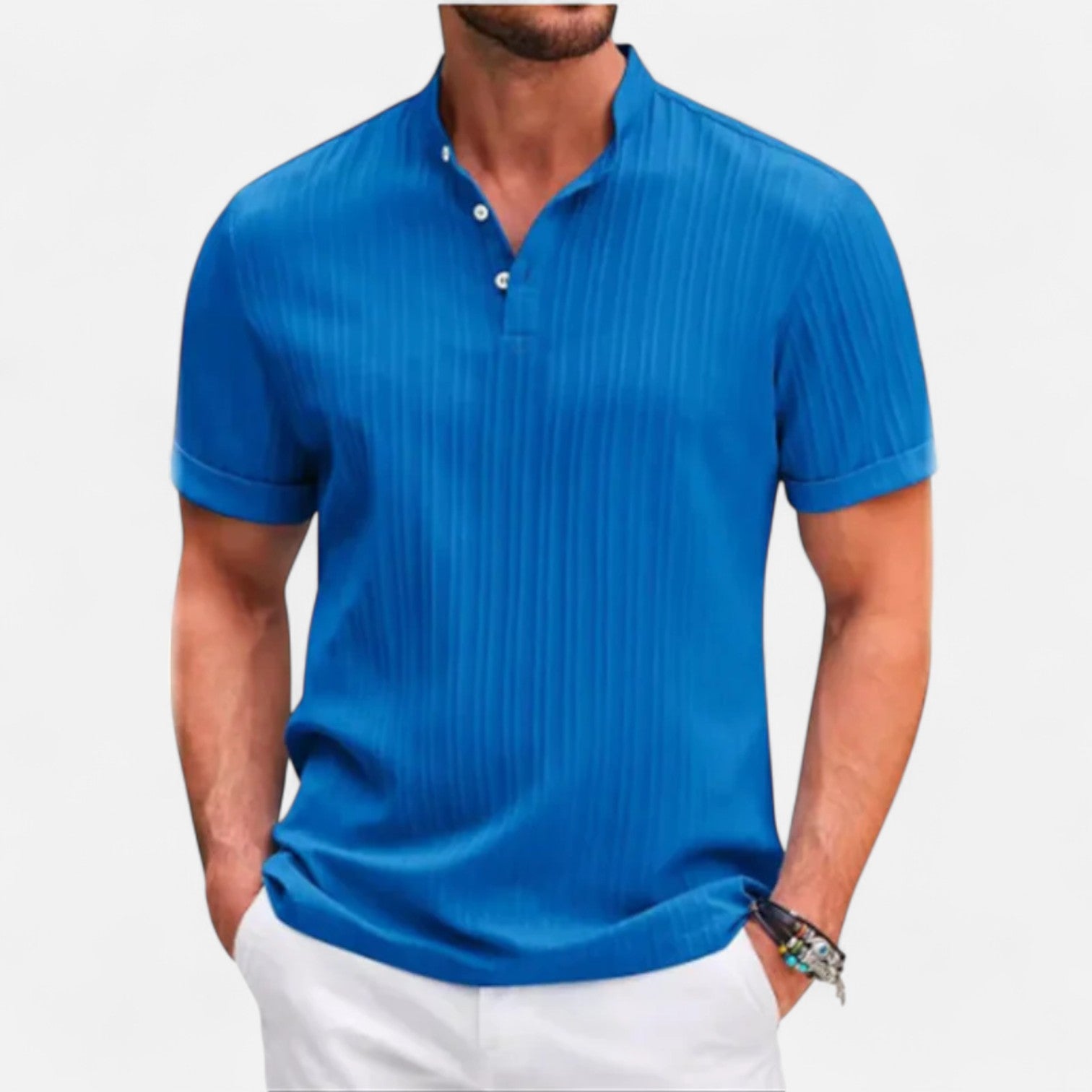 Maison Dresson | Men’s Cotton–Linen Striped Jacquard Short Sleeve Shirt – Textural Stripes, Casual Elegance