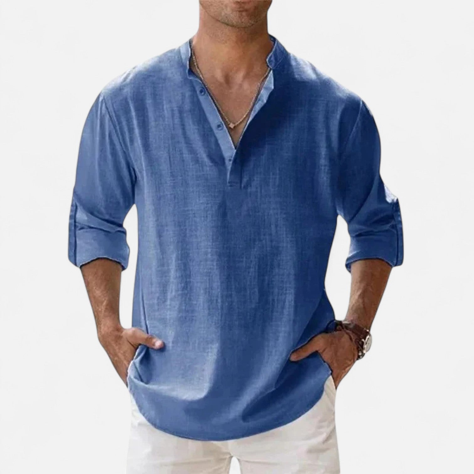 Maison Dresson | Men’s Cotton–Linen Long Sleeve Henley – Lightweight Comfort, Relaxed Sophistication