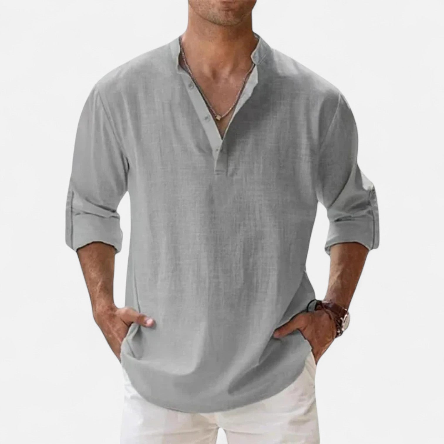 Maison Dresson | Men’s Cotton–Linen Long Sleeve Henley – Lightweight Comfort, Relaxed Sophistication