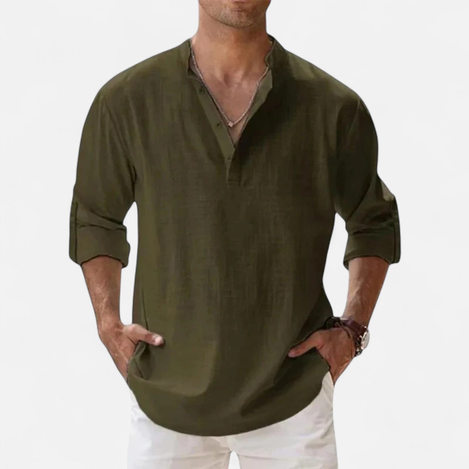 Maison Dresson | Men’s Cotton–Linen Long Sleeve Henley – Lightweight Comfort, Relaxed Sophistication