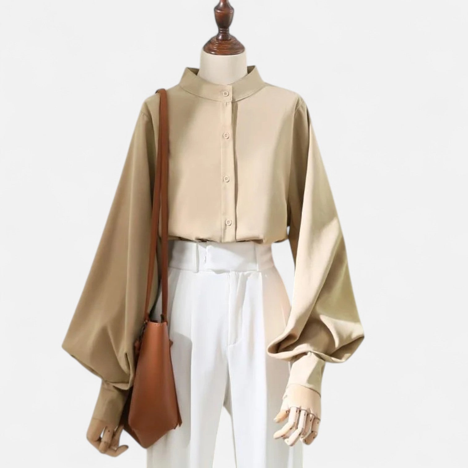 Maison Dresson | Women’s Satin Blouse – Stand Collar, Long Lantern Sleeves, Relaxed Elegance