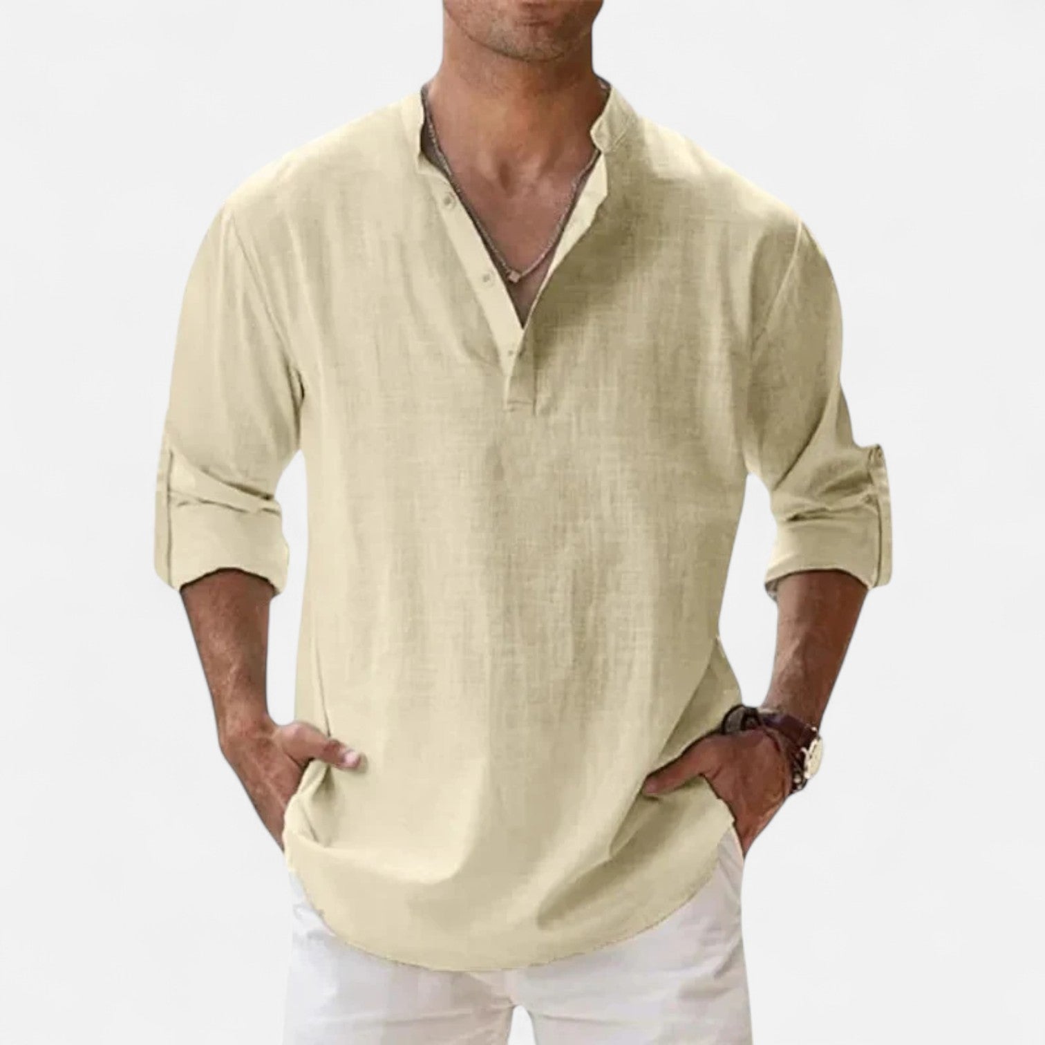 Maison Dresson | Men’s Cotton–Linen Long Sleeve Henley – Lightweight Comfort, Relaxed Sophistication