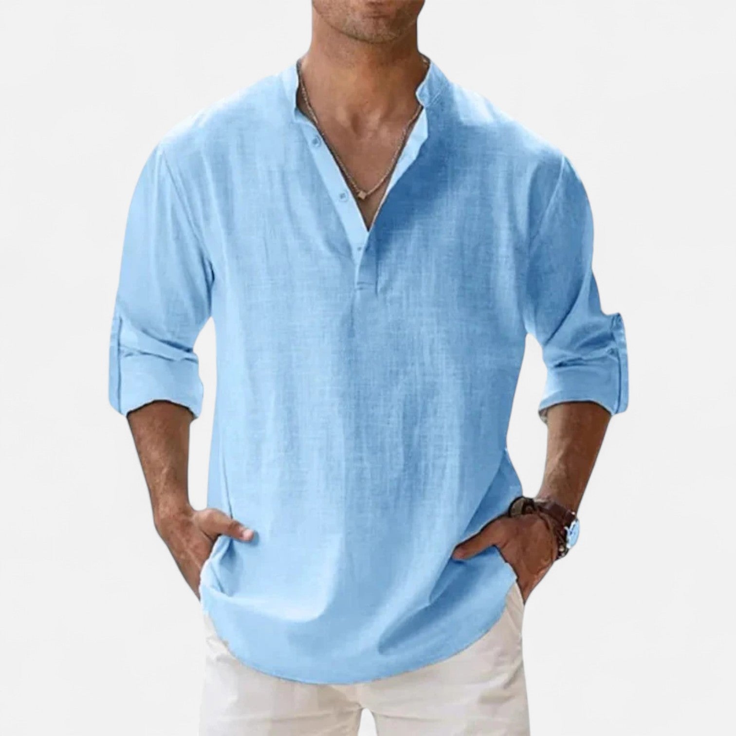 Maison Dresson | Men’s Cotton–Linen Long Sleeve Henley – Lightweight Comfort, Relaxed Sophistication
