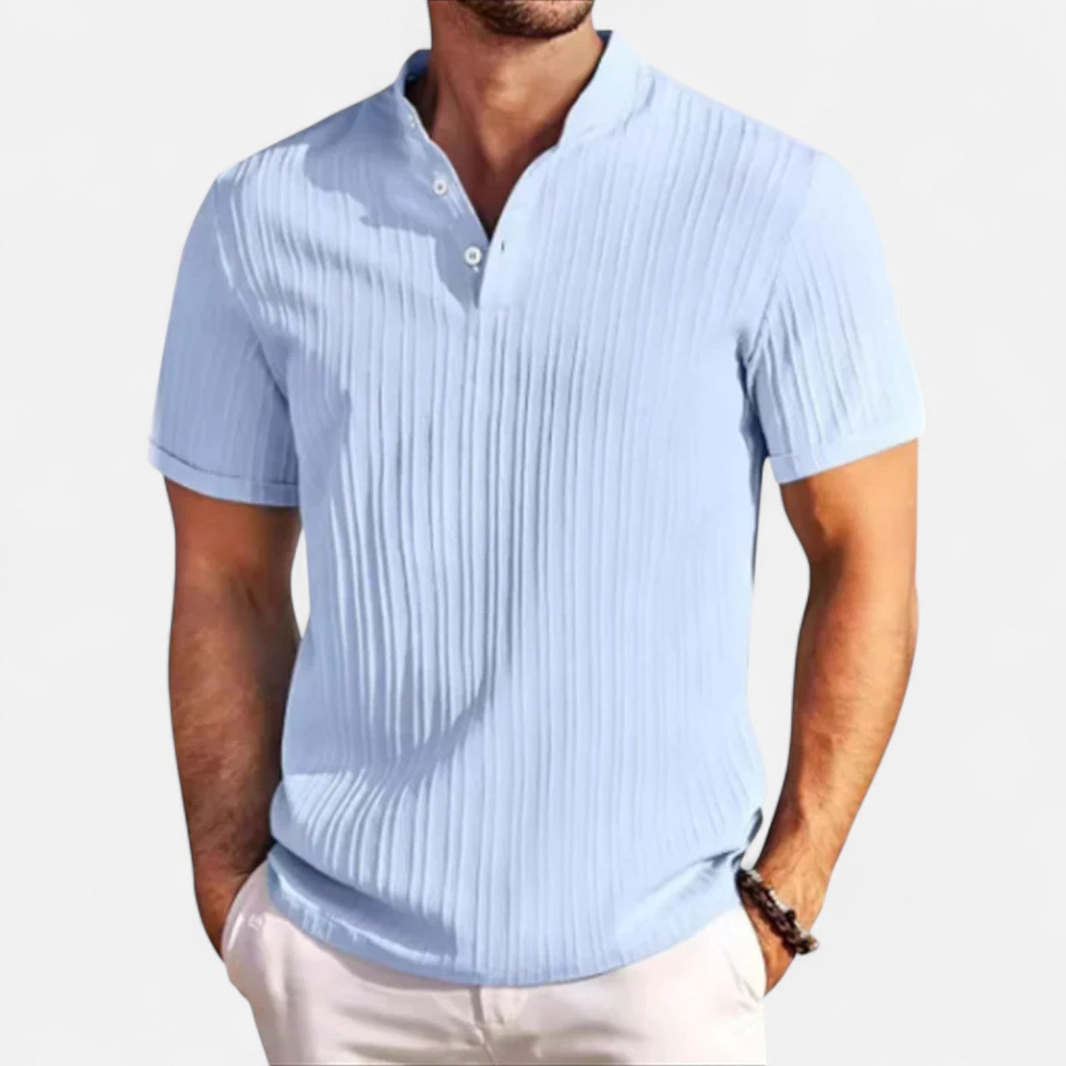 Maison Dresson | Men’s Cotton–Linen Striped Jacquard Short Sleeve Shirt – Textural Stripes, Casual Elegance