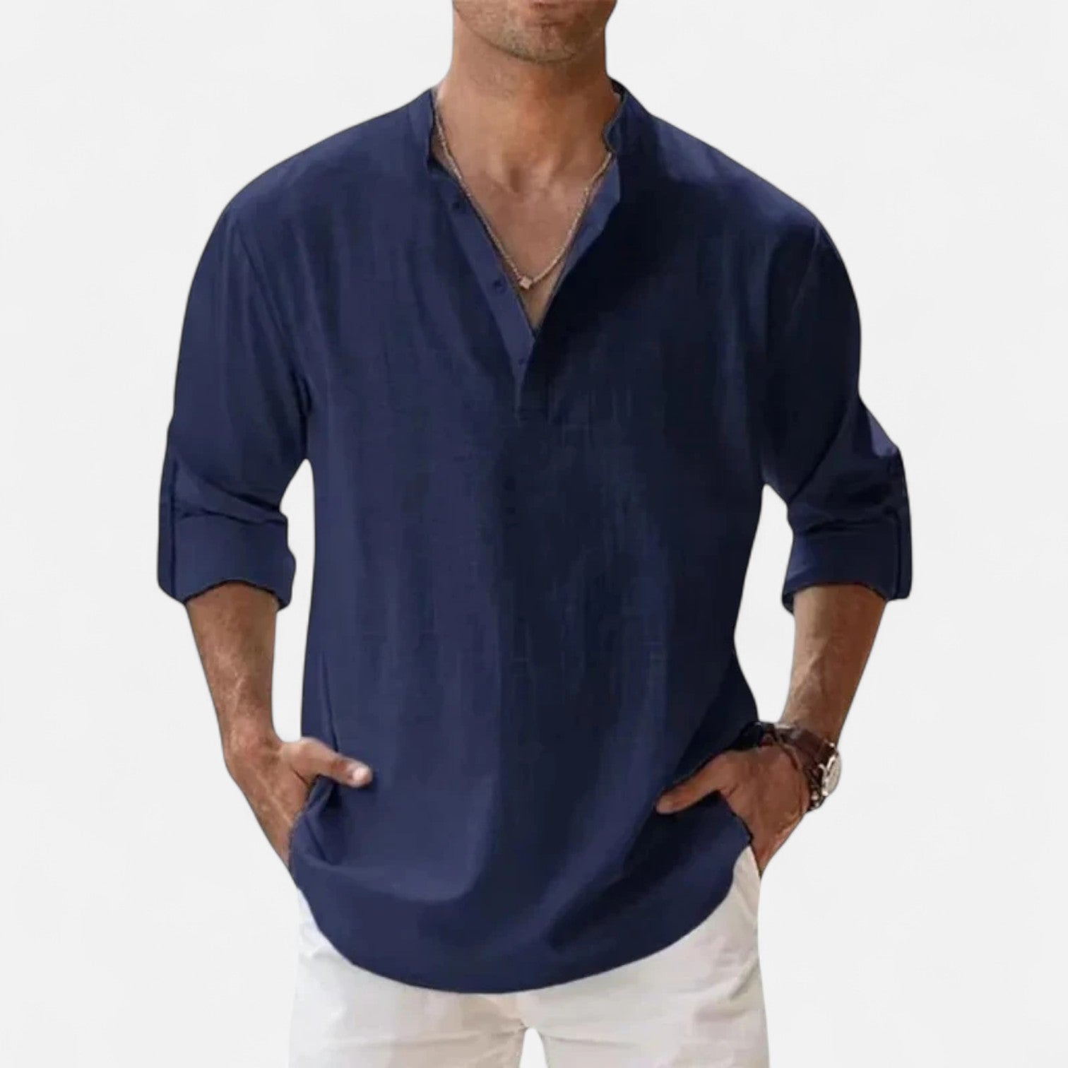 Maison Dresson | Men’s Cotton–Linen Long Sleeve Henley – Lightweight Comfort, Relaxed Sophistication