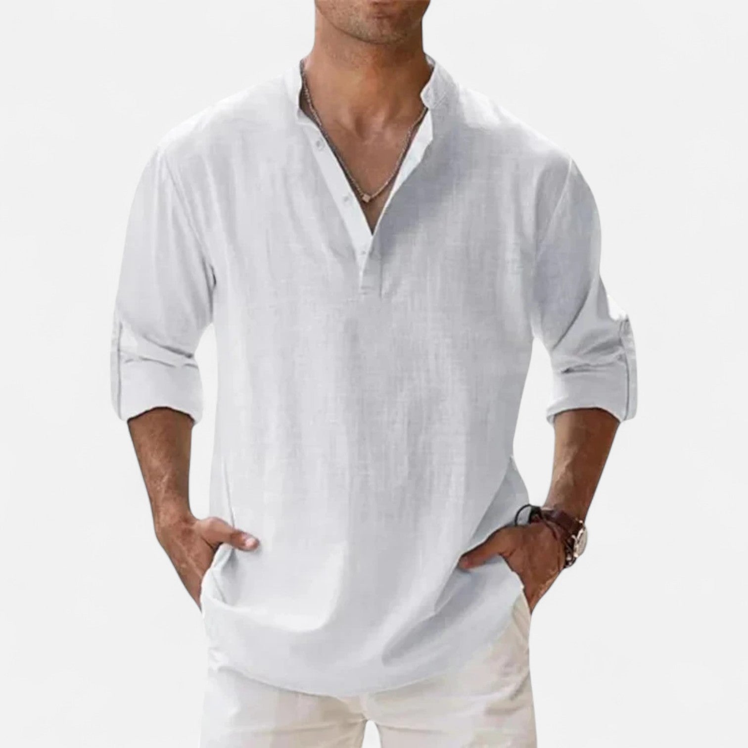 Maison Dresson | Men’s Cotton–Linen Long Sleeve Henley – Lightweight Comfort, Relaxed Sophistication