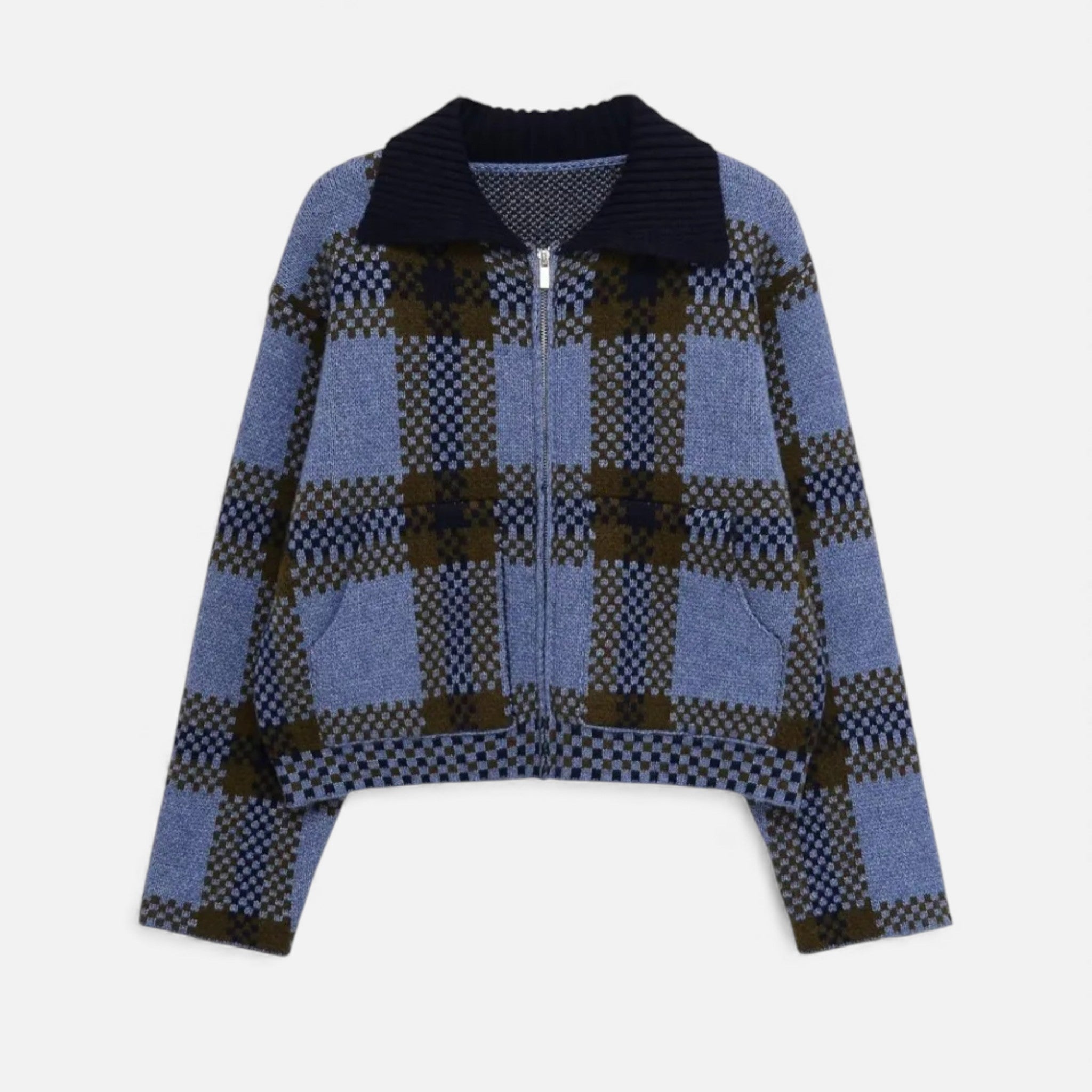 Maison Dresson | Women’s Plaid Knitted Zipper Jacket with Turn-Down Collar