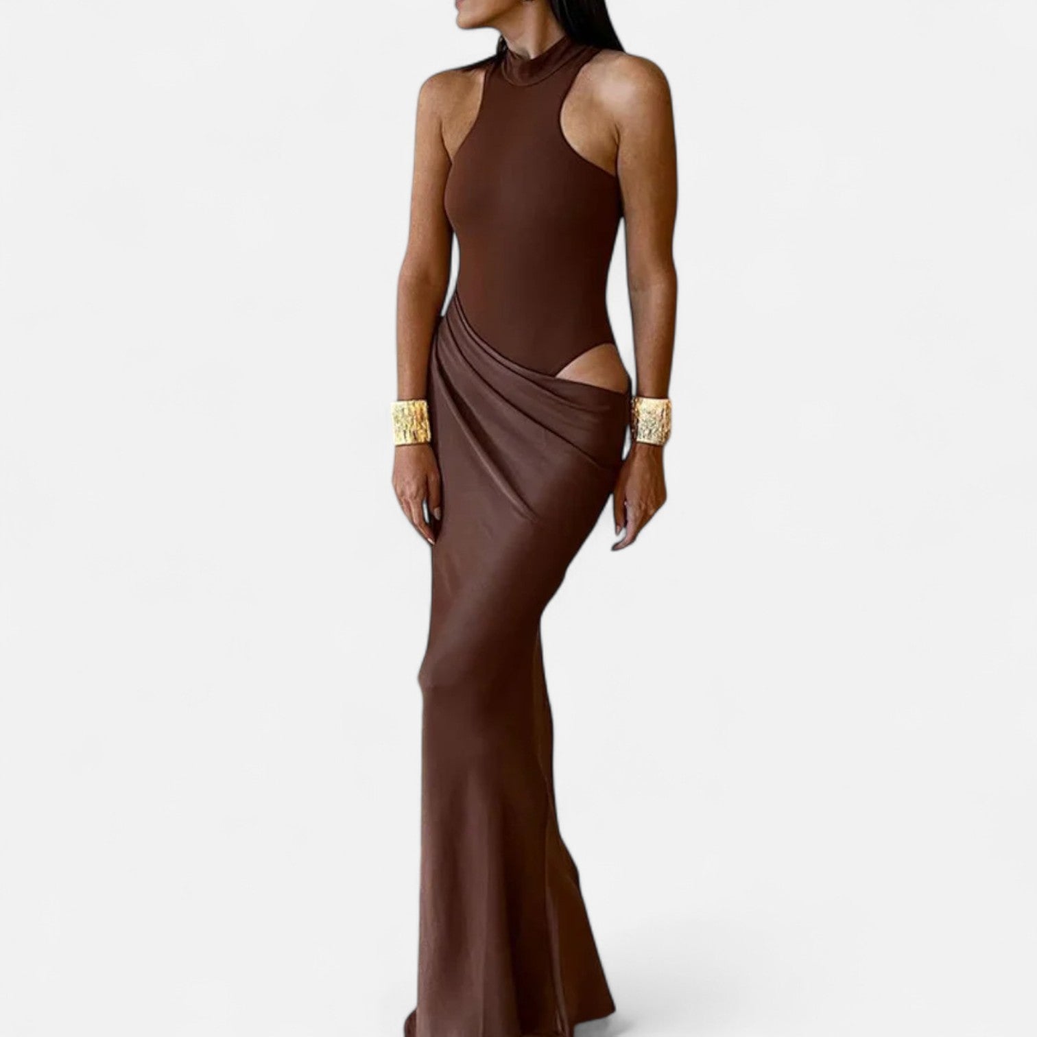 Maison Dresson | Women’s Satin Hollow-Out Maxi Dress – Silken Flow, Sculpted Allure