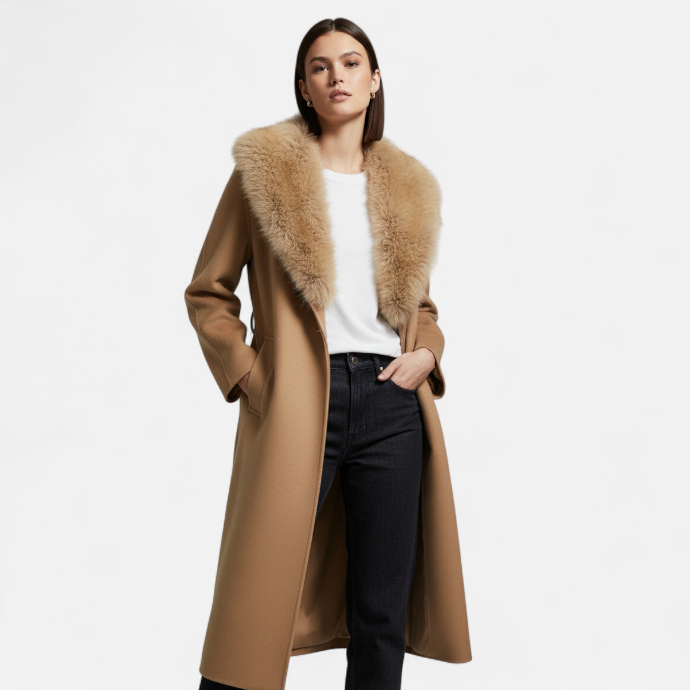 Maison Dresson | Women’s Genuine Wool Maxi Coat – Fur Lapel Elegance