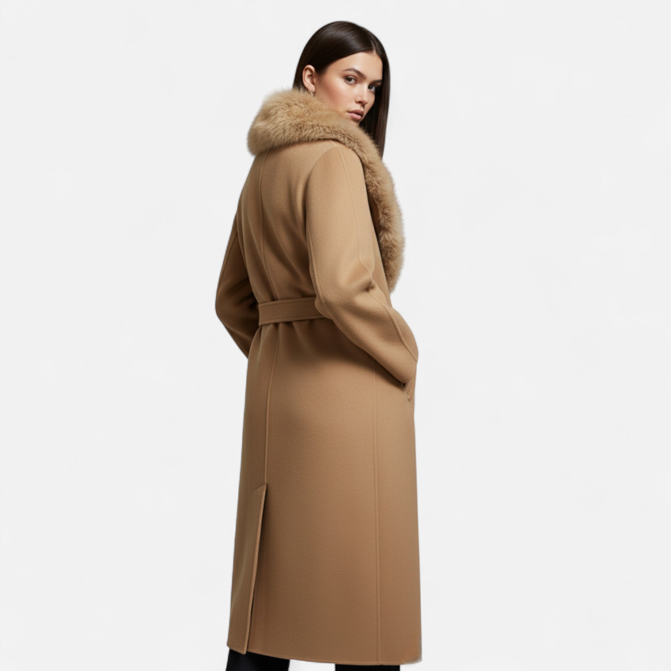 Maison Dresson | Women’s Genuine Wool Maxi Coat – Fur Lapel Elegance