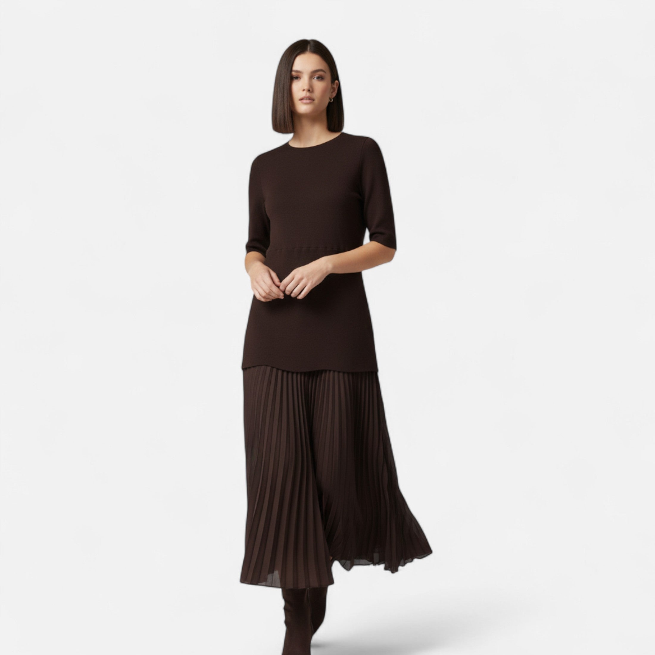 Maison Dresson | Women’s Vintage Pleated Dress – Half Sleeve Autumn Elegance