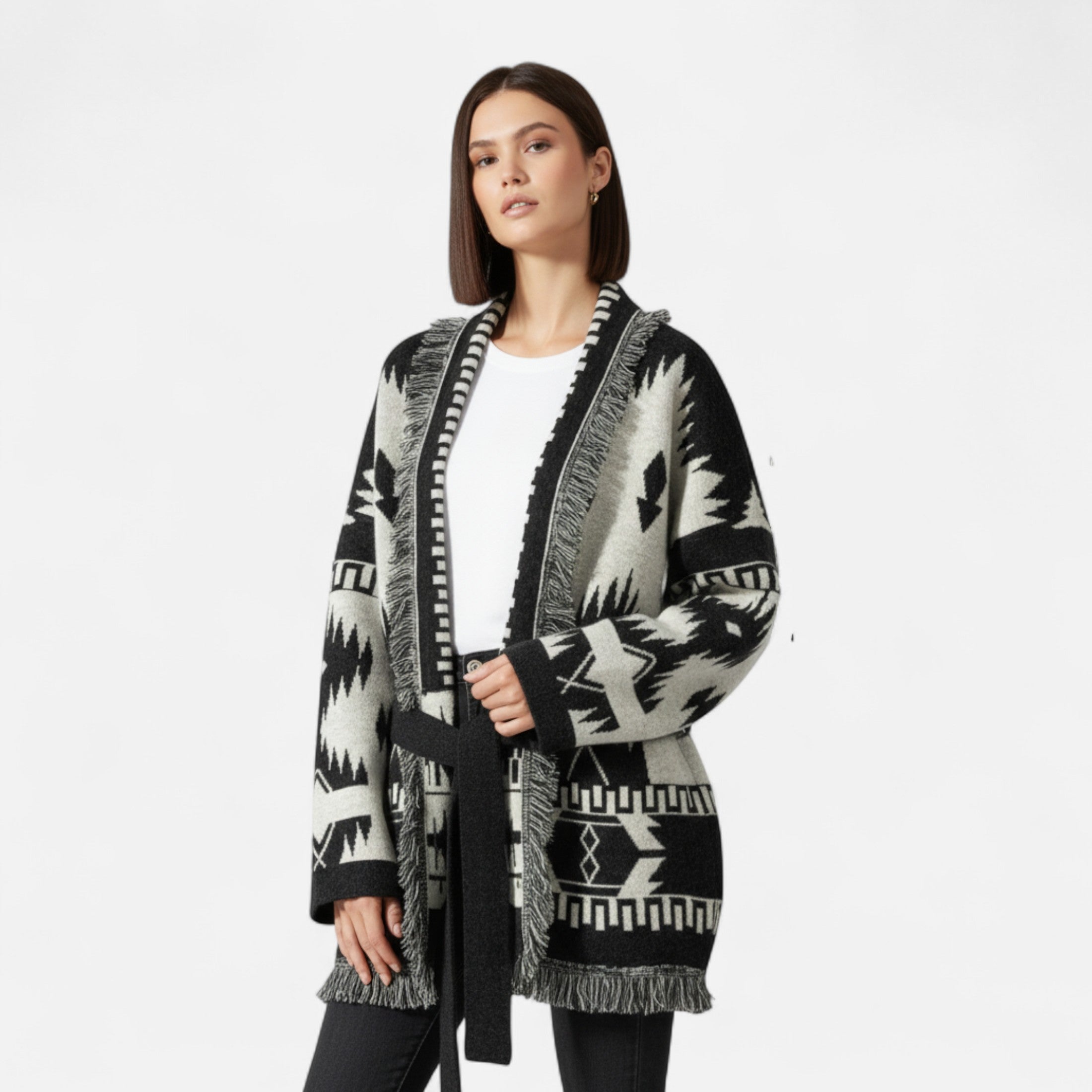 Maison Dresson | Women’s 100% Cashmere Tassel Cardigan – Vintage Jacquard Elegance