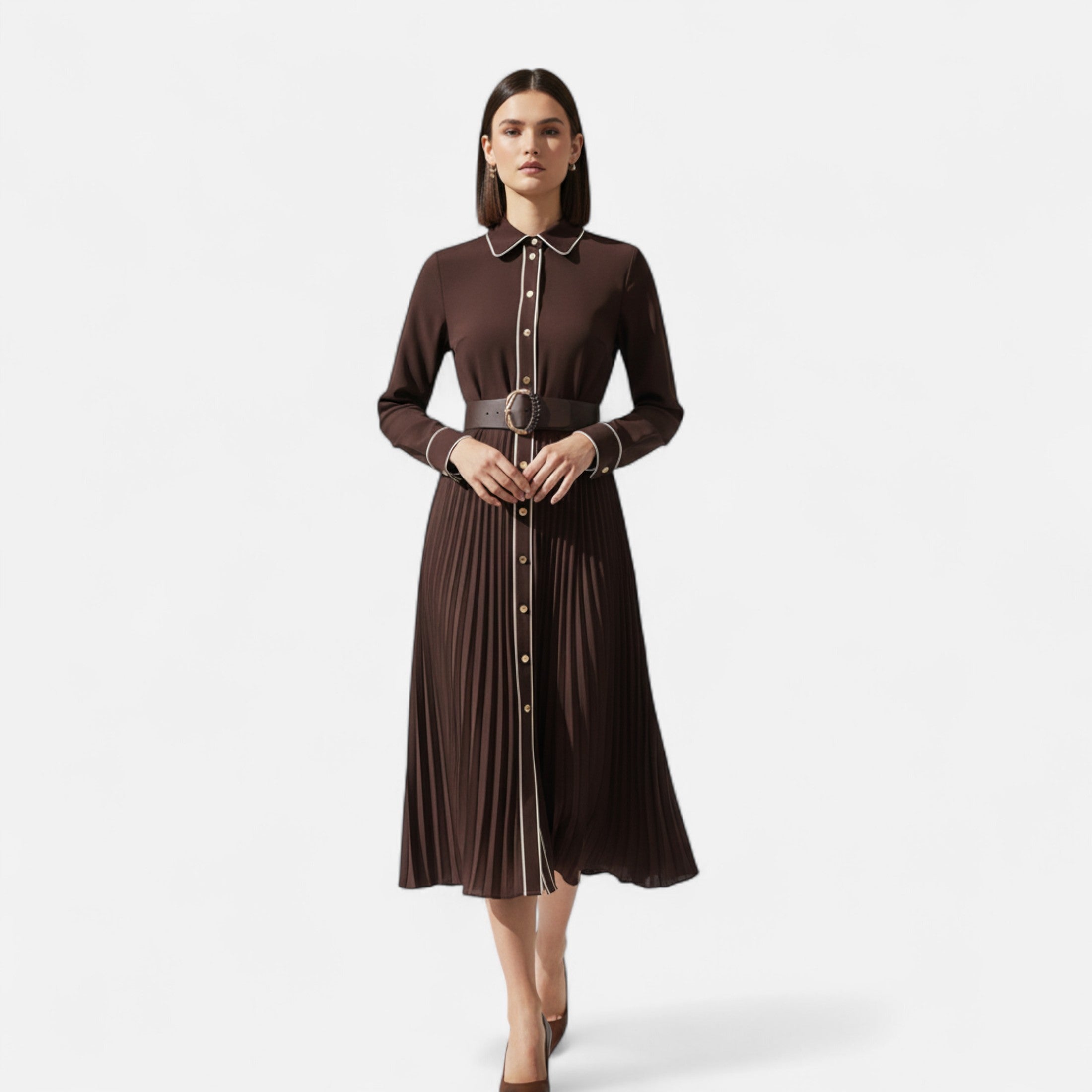 Maison Dresson | Women’s Chiffon Midi Dress – Turn-Down Collar Elegance