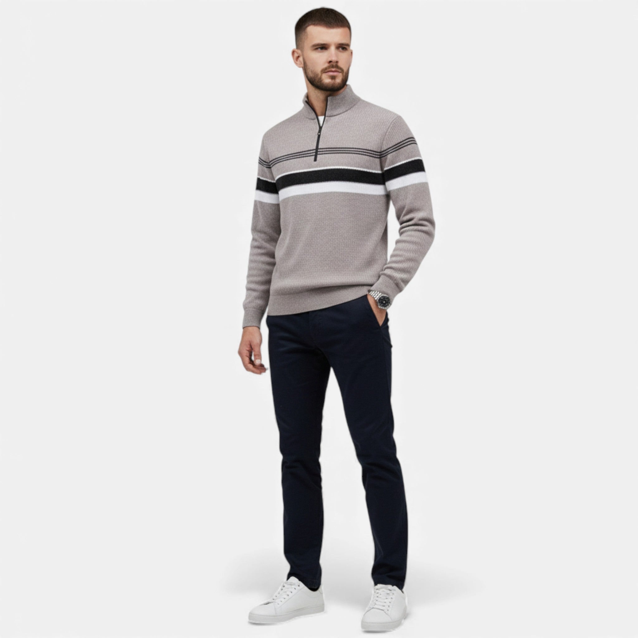 Maison Dresson | Men’s Thick Half-Zip Striped Knit Sweater