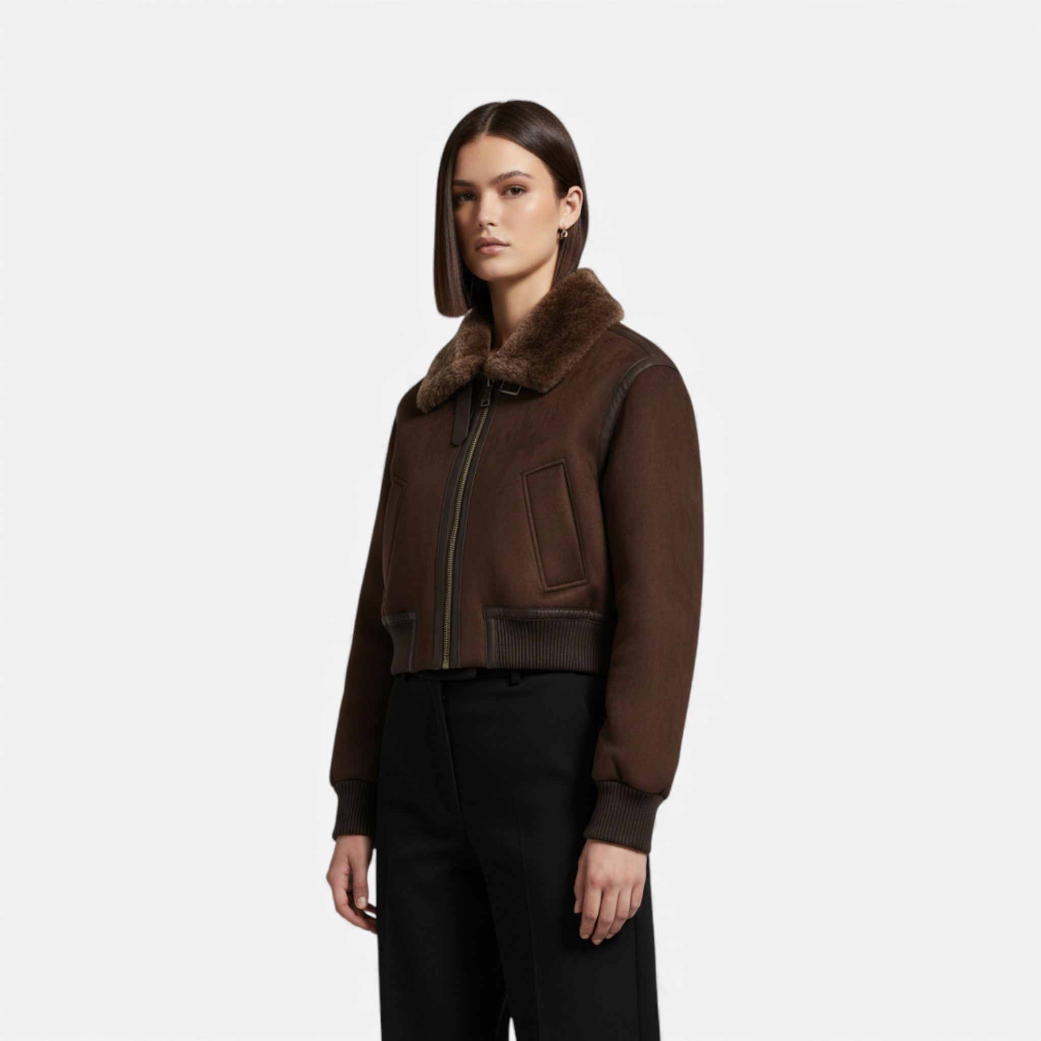 Maison Dresson | Women’s Brown Bomber Jacket, Luxe Faux Fur Trim
