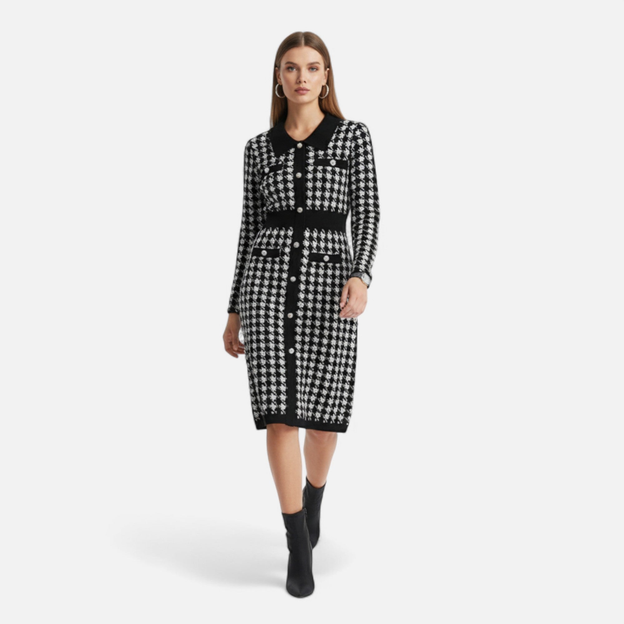 Maison Dresson | Women’s Pencil Sheath Dress in Black & White Houndstooth