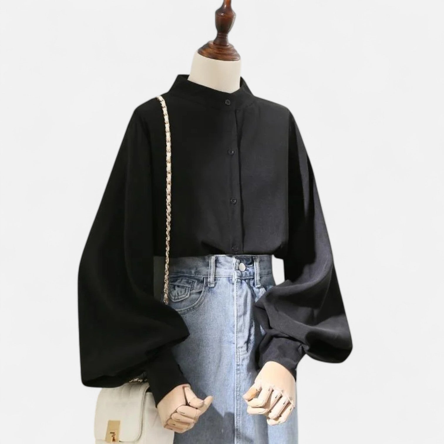 Maison Dresson | Women’s Satin Blouse – Stand Collar, Long Lantern Sleeves, Relaxed Elegance