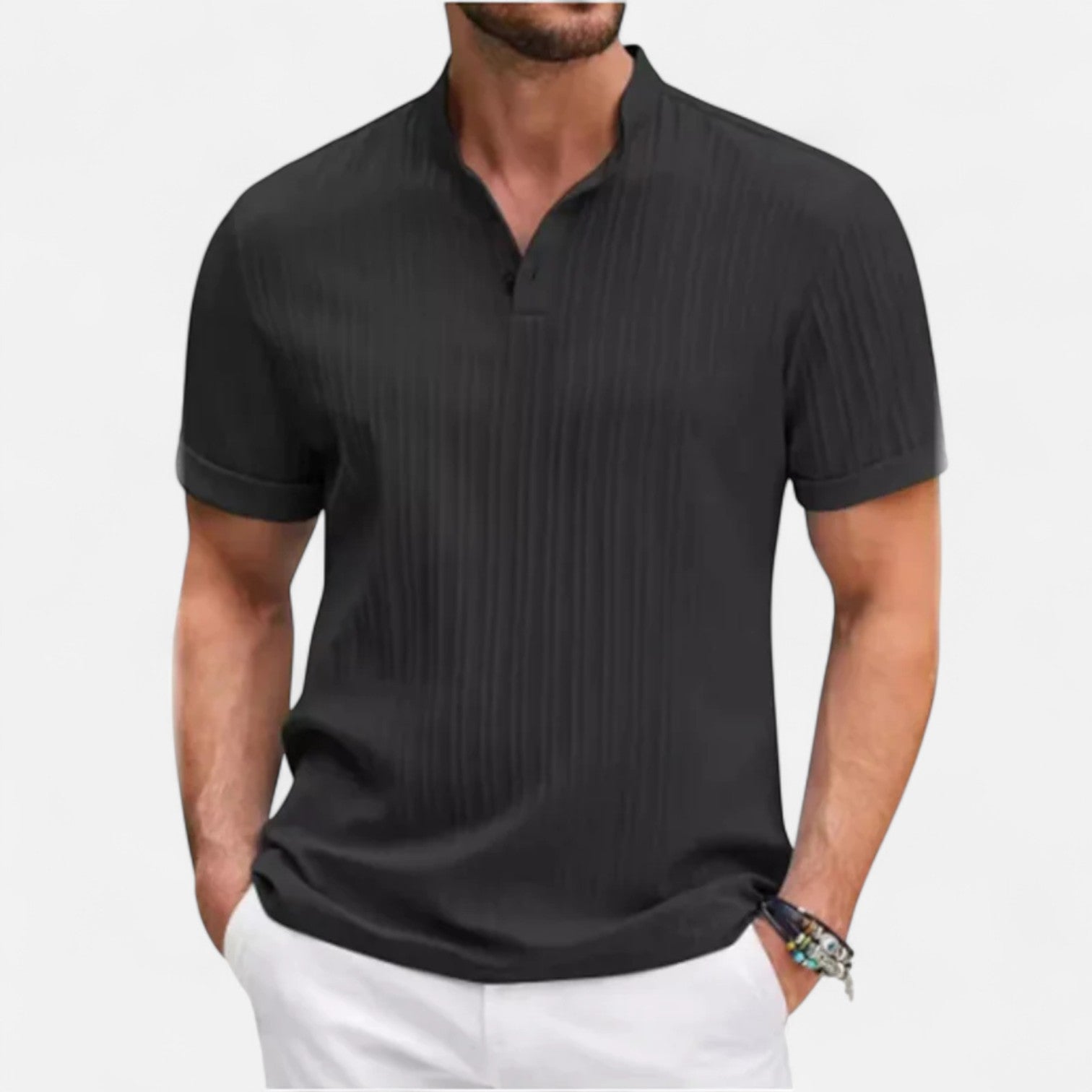 Maison Dresson | Men’s Cotton–Linen Striped Jacquard Short Sleeve Shirt – Textural Stripes, Casual Elegance