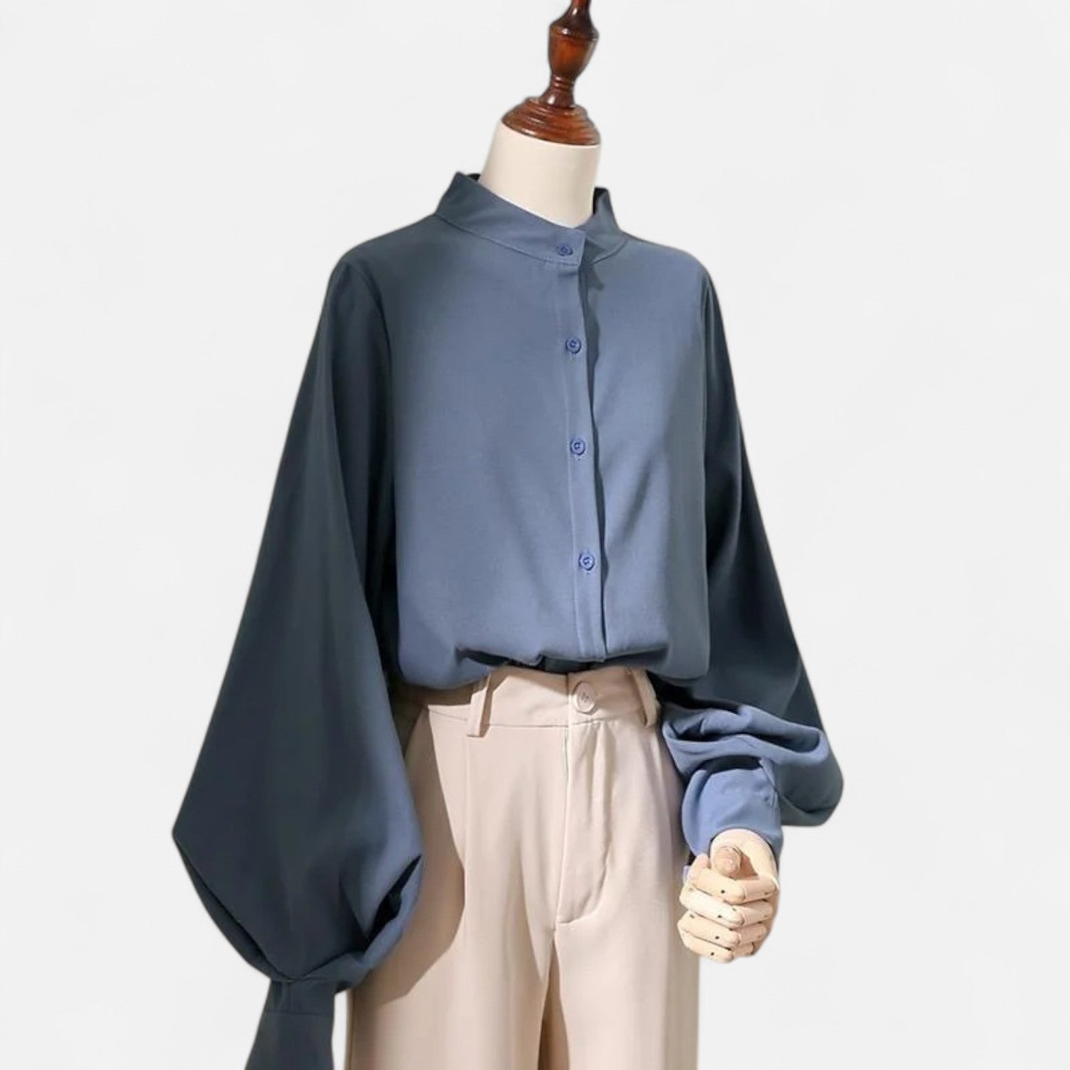 Maison Dresson | Women’s Satin Blouse – Stand Collar, Long Lantern Sleeves, Relaxed Elegance
