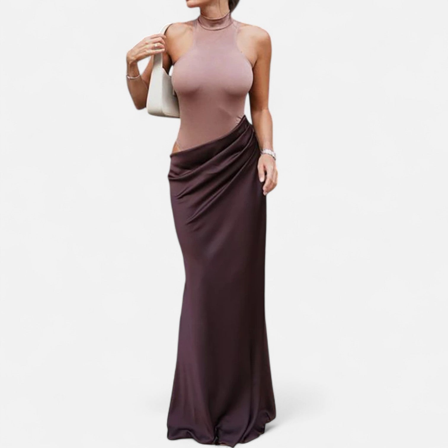 Maison Dresson | Women’s Satin Hollow-Out Maxi Dress – Silken Flow, Sculpted Allure