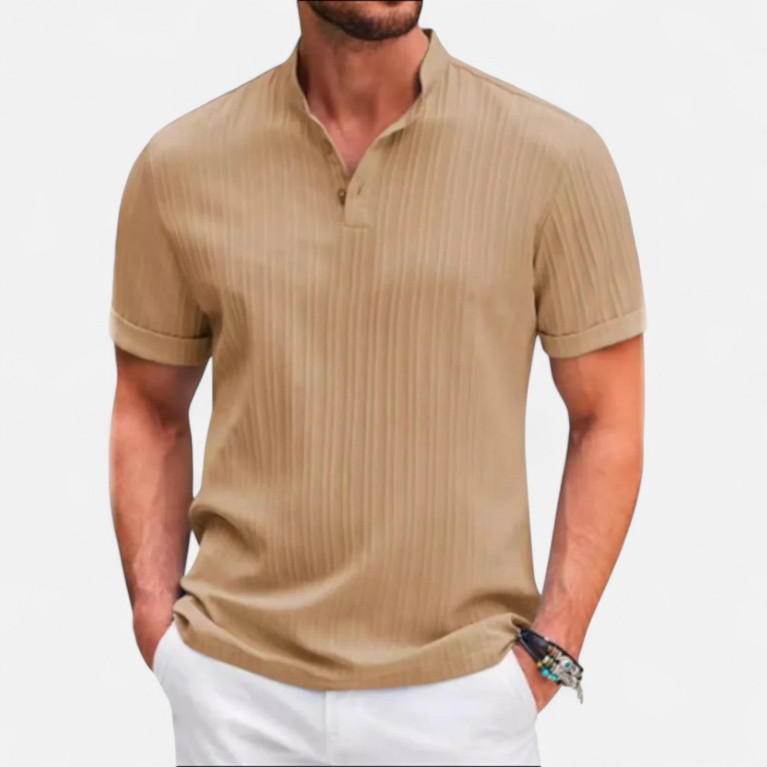Maison Dresson | Men’s Cotton–Linen Striped Jacquard Short Sleeve Shirt – Textural Stripes, Casual Elegance