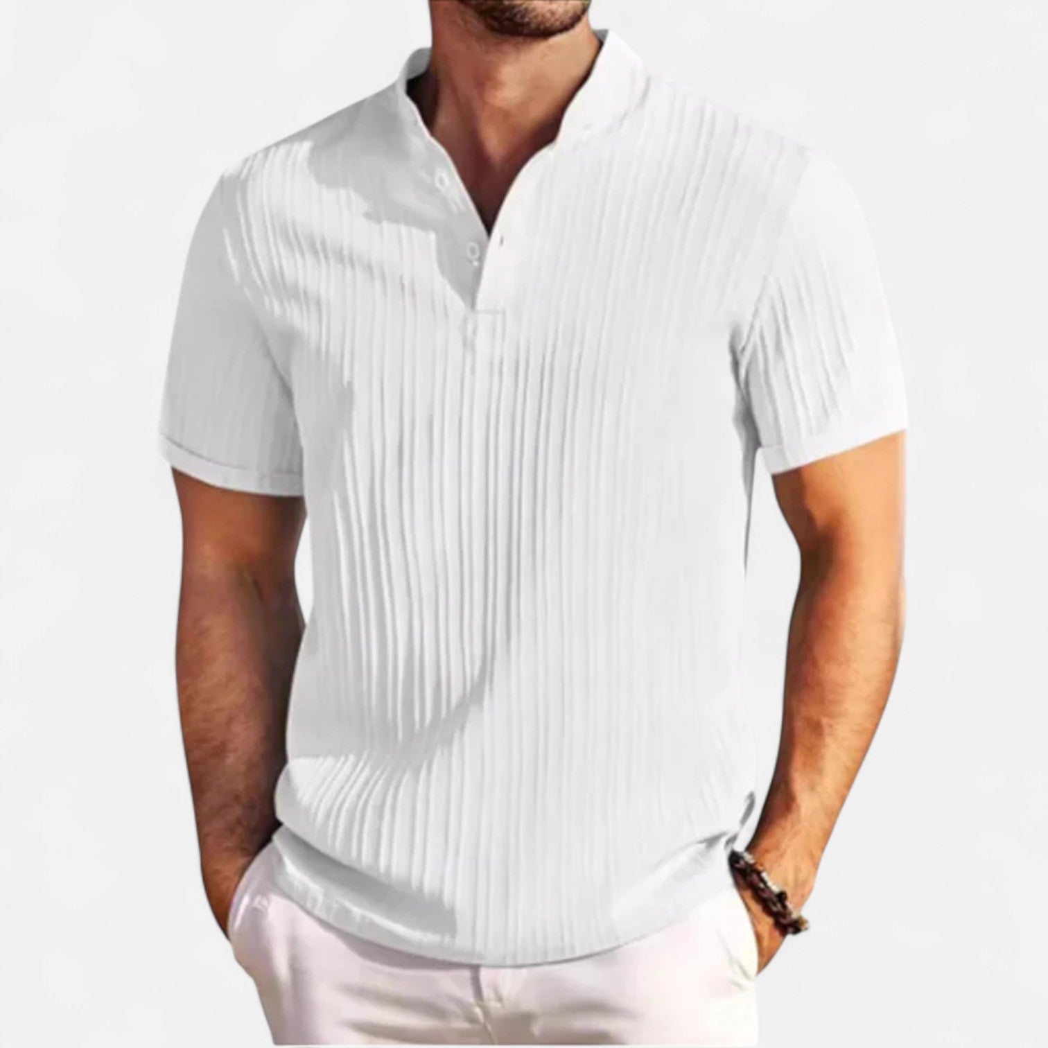 Maison Dresson | Men’s Cotton–Linen Striped Jacquard Short Sleeve Shirt – Textural Stripes, Casual Elegance