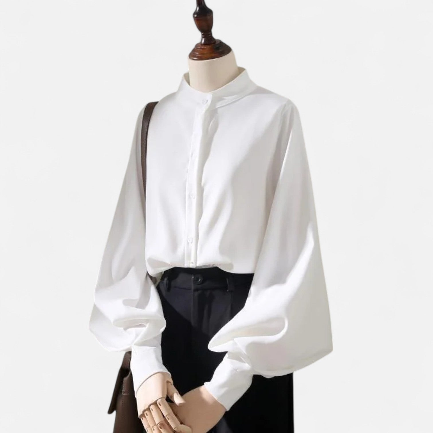 Maison Dresson | Women’s Satin Blouse – Stand Collar, Long Lantern Sleeves, Relaxed Elegance